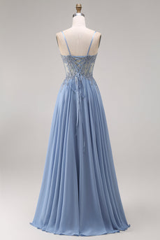 Sparkly Steel Blue Corset Appliqued Floral A Line Long Prom Dress with Slit