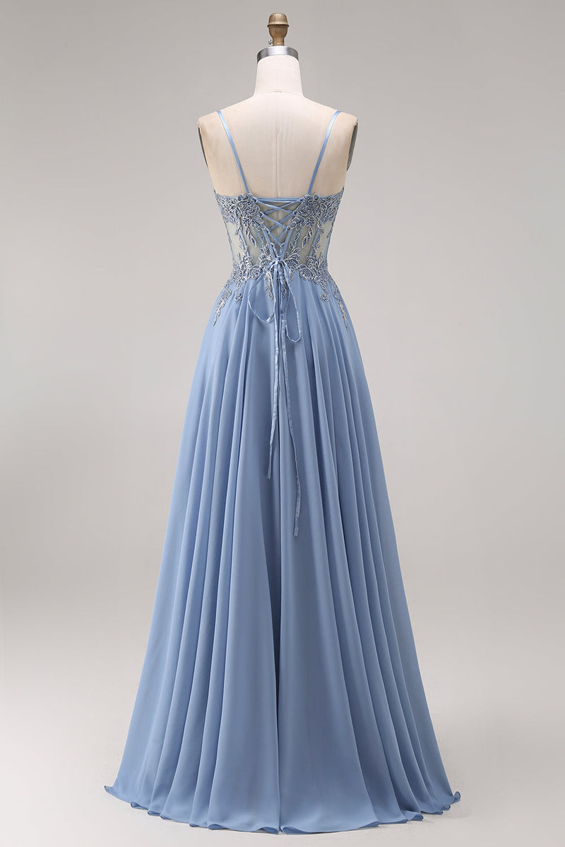 Load image into Gallery viewer, Sparkly Steel Blue Corset Appliqued Floral A Line Long Prom Dress with Slit