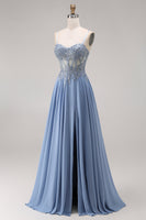 Load image into Gallery viewer, Sparkly Steel Blue Corset Appliqued Floral A Line Long Prom Dress with Slit