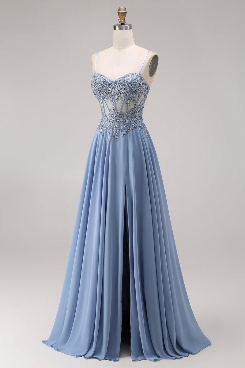 Load image into Gallery viewer, Sparkly Steel Blue Corset Appliqued Floral A Line Long Prom Dress with Slit