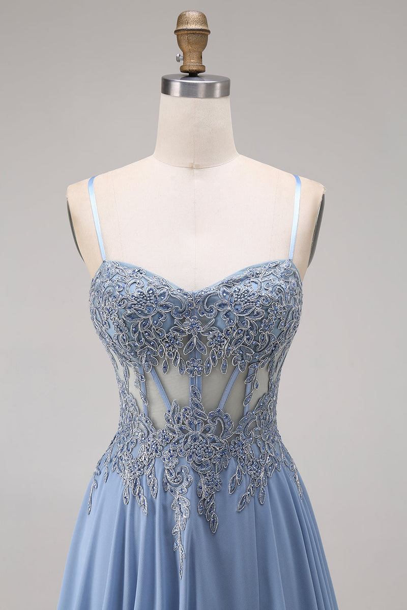 Load image into Gallery viewer, Sparkly Steel Blue Corset Appliqued Floral A Line Long Prom Dress with Slit