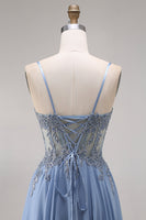 Load image into Gallery viewer, Sparkly Steel Blue Corset Appliqued Floral A Line Long Prom Dress with Slit