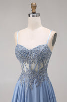 Load image into Gallery viewer, Sparkly Steel Blue Corset Appliqued Floral A Line Long Prom Dress with Slit