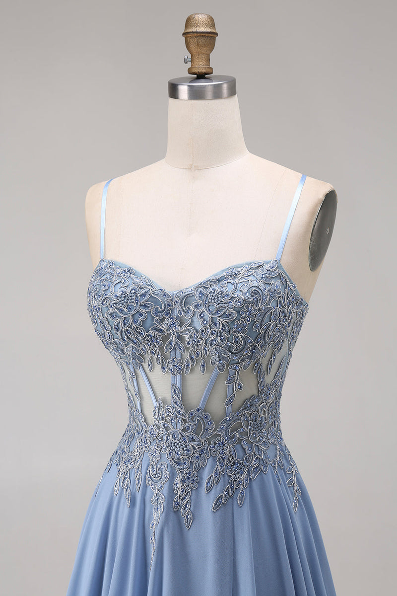 Load image into Gallery viewer, Sparkly Steel Blue Corset Appliqued Floral A Line Long Prom Dress with Slit