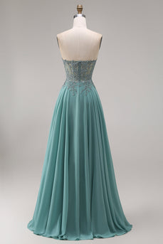 A Line Eucalyptus Appliqued Corset Floral Long Prom Dress with Slit