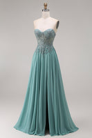 Load image into Gallery viewer, A Line Eucalyptus Appliqued Corset Floral Long Prom Dress with Slit