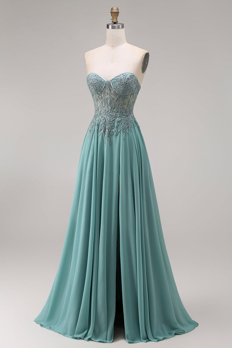 Load image into Gallery viewer, A Line Eucalyptus Appliqued Corset Floral Long Prom Dress with Slit