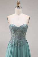 Load image into Gallery viewer, A Line Eucalyptus Appliqued Corset Floral Long Prom Dress with Slit