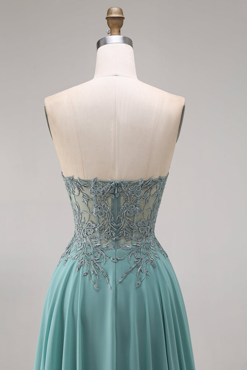 Load image into Gallery viewer, A Line Eucalyptus Appliqued Corset Floral Long Prom Dress with Slit