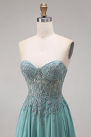 Load image into Gallery viewer, A Line Eucalyptus Appliqued Corset Floral Long Prom Dress with Slit