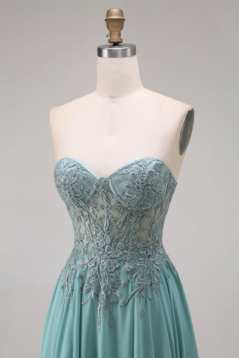 Load image into Gallery viewer, A Line Eucalyptus Appliqued Corset Floral Long Prom Dress with Slit