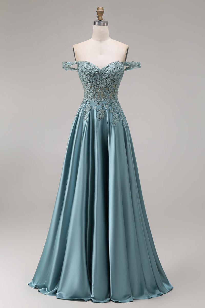 Queendancer Women Agave Floral Satin Corset Long Prom Dress Appliqued A ...