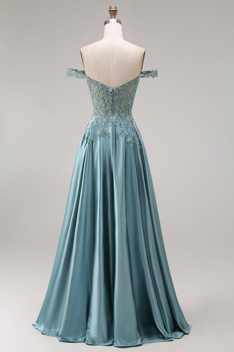 Queendancer Women Agave Floral Satin Corset Long Prom Dress Appliqued A ...