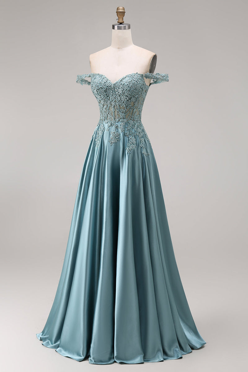 Queendancer Women Agave Floral Satin Corset Long Prom Dress Appliqued A ...