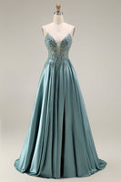 Load image into Gallery viewer, Spaghetti Straps Corset Agave Appliqued A Line Floral Long Prom Dress