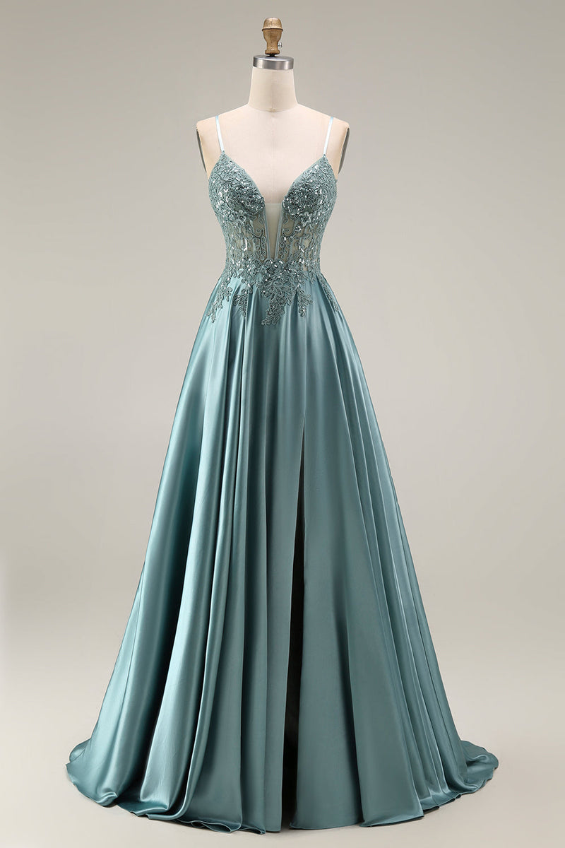 Load image into Gallery viewer, Spaghetti Straps Corset Agave Appliqued A Line Floral Long Prom Dress