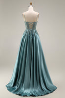 Load image into Gallery viewer, Spaghetti Straps Corset Agave Appliqued A Line Floral Long Prom Dress