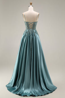 Spaghetti Straps Corset Agave Appliqued A Line Floral Long Prom Dress