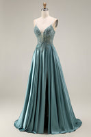 Load image into Gallery viewer, Spaghetti Straps Corset Agave Appliqued A Line Floral Long Prom Dress