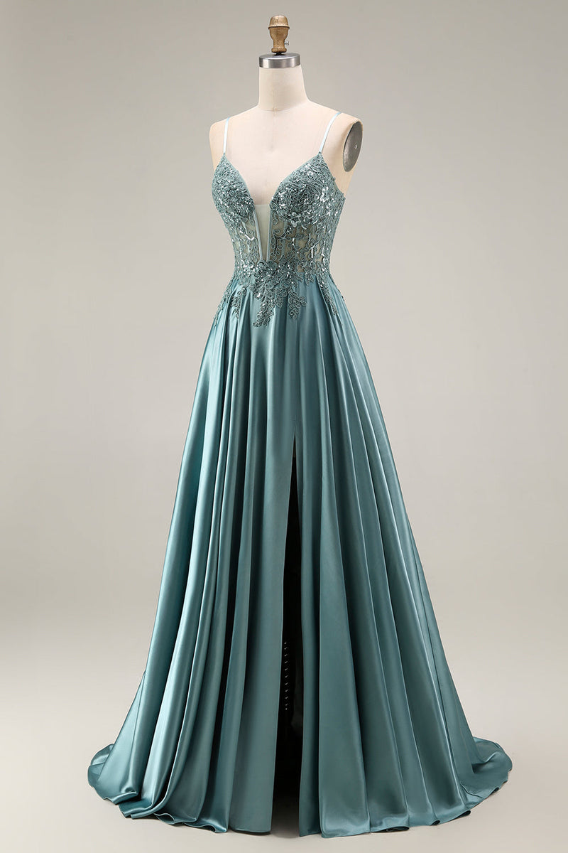 Load image into Gallery viewer, Spaghetti Straps Corset Agave Appliqued A Line Floral Long Prom Dress