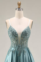 Load image into Gallery viewer, Spaghetti Straps Corset Agave Appliqued A Line Floral Long Prom Dress