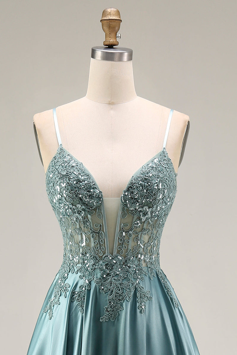Load image into Gallery viewer, Spaghetti Straps Corset Agave Appliqued A Line Floral Long Prom Dress