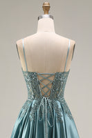 Load image into Gallery viewer, Spaghetti Straps Corset Agave Appliqued A Line Floral Long Prom Dress