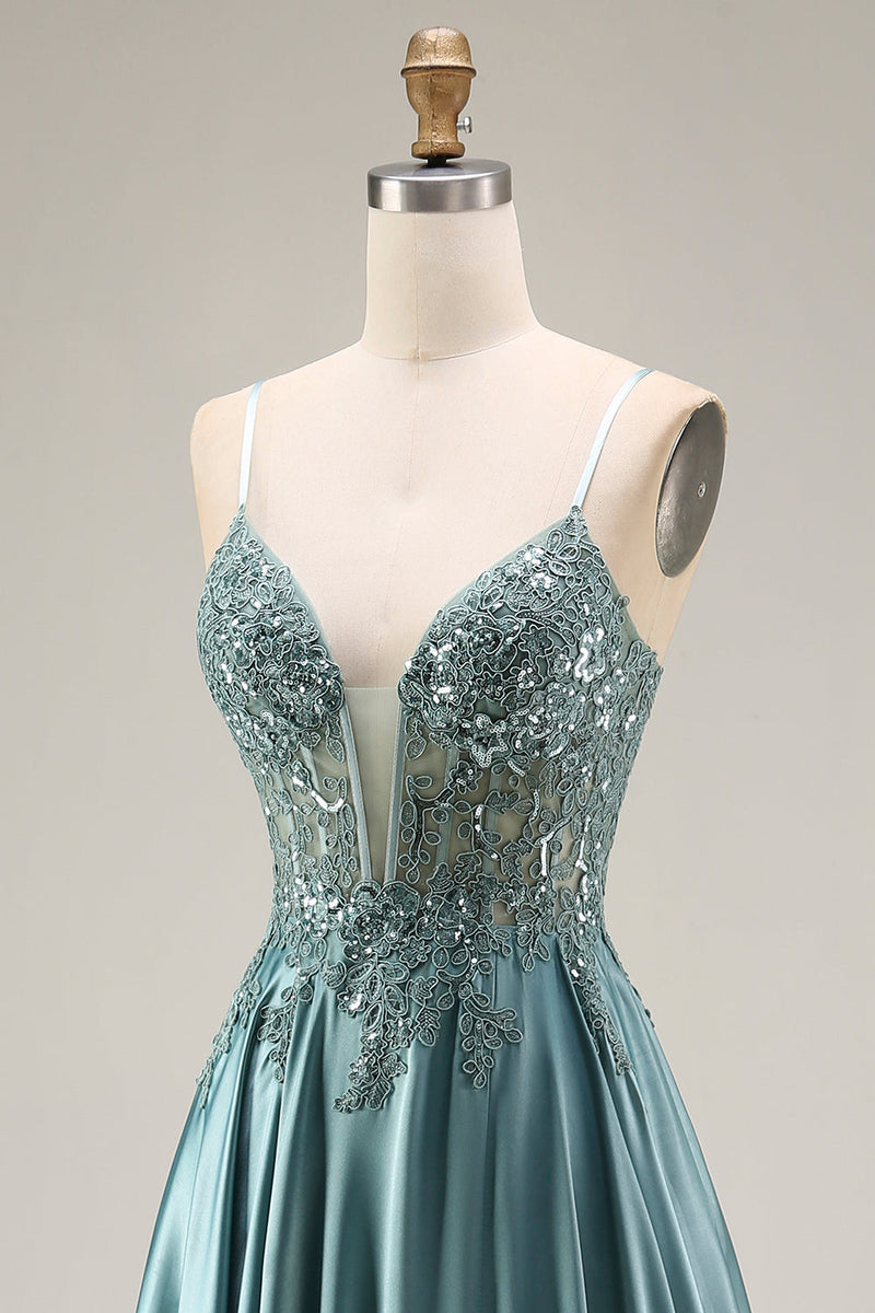 Load image into Gallery viewer, Spaghetti Straps Corset Agave Appliqued A Line Floral Long Prom Dress