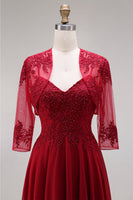Load image into Gallery viewer, Appliqued Burgundy Floral A Line Long Mother of the Bride Dress with Jacket