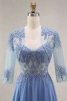 Load image into Gallery viewer, Steel Blue Appliqued A Line Long Floral Mother of the Bride Dress with Jacket