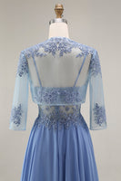 Load image into Gallery viewer, Steel Blue Appliqued A Line Long Floral Mother of the Bride Dress with Jacket