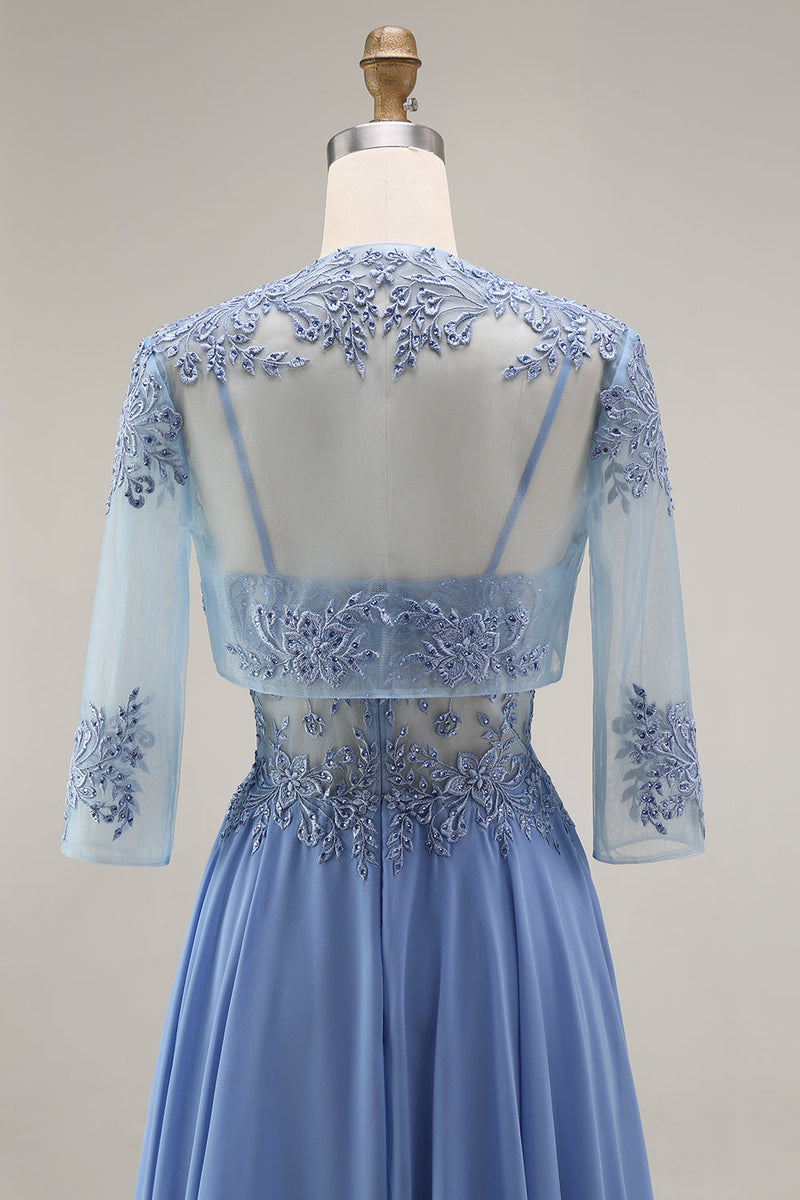 Load image into Gallery viewer, Steel Blue Appliqued A Line Long Floral Mother of the Bride Dress with Jacket