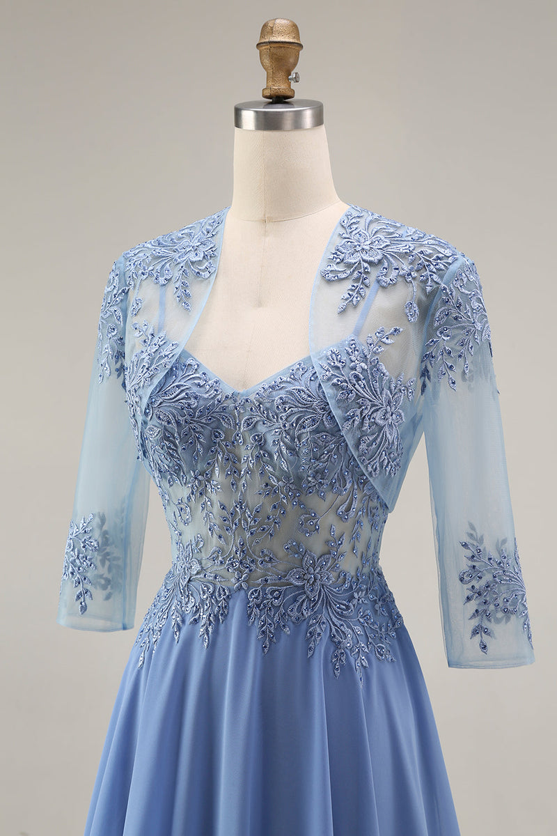 Load image into Gallery viewer, Steel Blue Appliqued A Line Long Floral Mother of the Bride Dress with Jacket