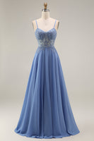 Load image into Gallery viewer, Steel Blue Appliqued A Line Long Floral Mother of the Bride Dress with Jacket