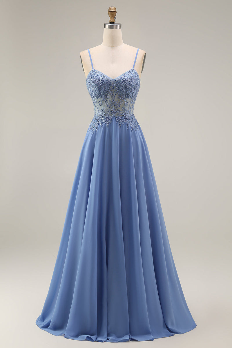 Load image into Gallery viewer, Steel Blue Appliqued A Line Long Floral Mother of the Bride Dress with Jacket