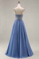 Load image into Gallery viewer, Steel Blue Appliqued A Line Long Floral Mother of the Bride Dress with Jacket
