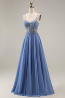 Load image into Gallery viewer, Steel Blue Appliqued A Line Long Floral Mother of the Bride Dress with Jacket