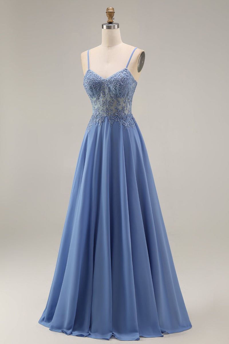 Load image into Gallery viewer, Steel Blue Appliqued A Line Long Floral Mother of the Bride Dress with Jacket