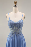 Load image into Gallery viewer, Steel Blue Appliqued A Line Long Floral Mother of the Bride Dress with Jacket