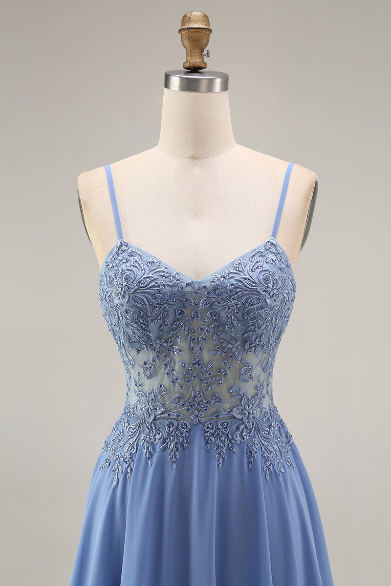 Load image into Gallery viewer, Steel Blue Appliqued A Line Long Floral Mother of the Bride Dress with Jacket