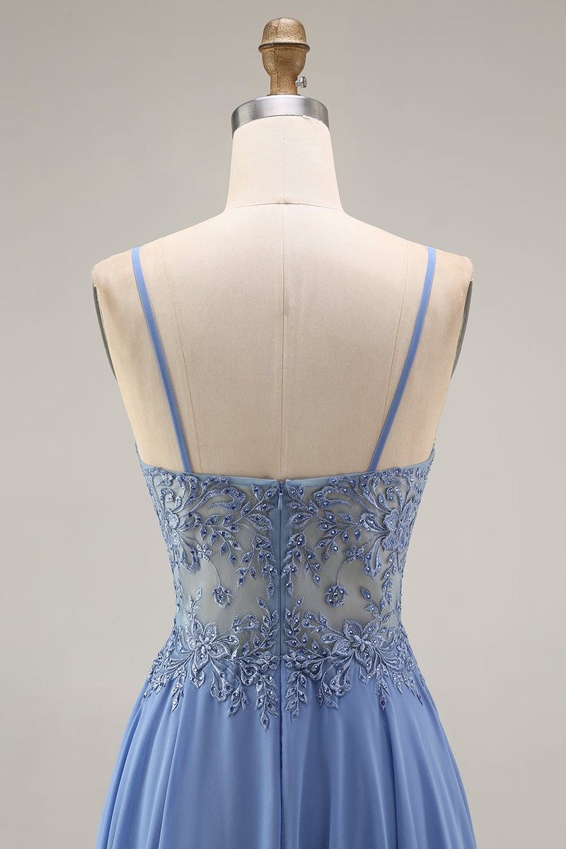 Load image into Gallery viewer, Steel Blue Appliqued A Line Long Floral Mother of the Bride Dress with Jacket