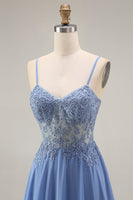 Load image into Gallery viewer, Steel Blue Appliqued A Line Long Floral Mother of the Bride Dress with Jacket