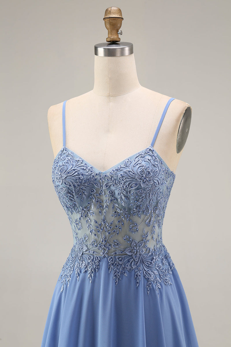 Load image into Gallery viewer, Steel Blue Appliqued A Line Long Floral Mother of the Bride Dress with Jacket