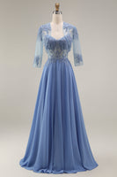 Load image into Gallery viewer, Steel Blue Appliqued A Line Long Floral Mother of the Bride Dress with Jacket