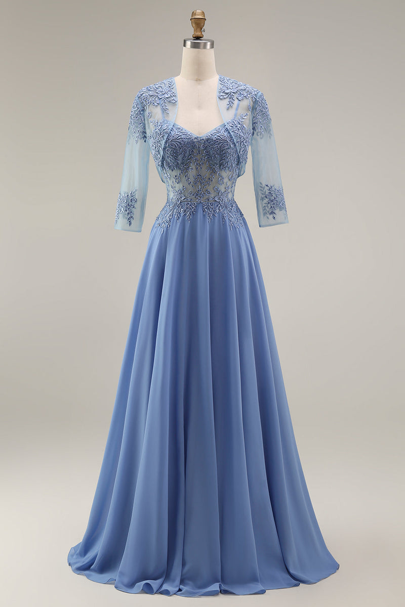 Load image into Gallery viewer, Steel Blue Appliqued A Line Long Floral Mother of the Bride Dress with Jacket