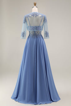 Steel Blue Appliqued A Line Long Floral Mother of the Bride Dress with Jacket