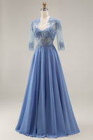 Load image into Gallery viewer, Steel Blue Appliqued A Line Long Floral Mother of the Bride Dress with Jacket
