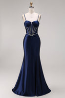 Load image into Gallery viewer, Corset Navy Mermaid Beaded Spaghetti Straps Long Prom Dress with Slit