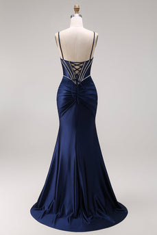 Corset Navy Mermaid Beaded Spaghetti Straps Long Prom Dress with Slit