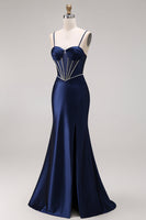 Load image into Gallery viewer, Corset Navy Mermaid Beaded Spaghetti Straps Long Prom Dress with Slit